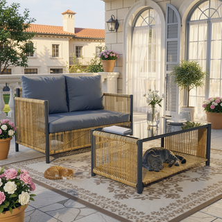 Sunvega Outdoor PE Wicker Sofa Set with Grey Cushions and Coffee Table