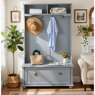 Sunvega Classic Coastal Style Entryway Bench with Open Shelves and Shoe Storage Cabinets