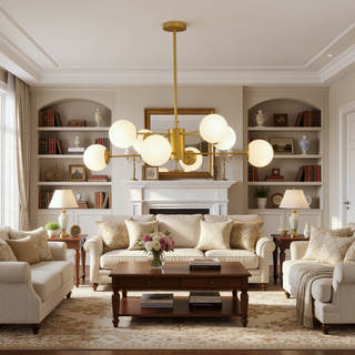 Sunvega Gold Chandelier with White Glass Globe Shades and Mid-Century Branching Design for Dining Room