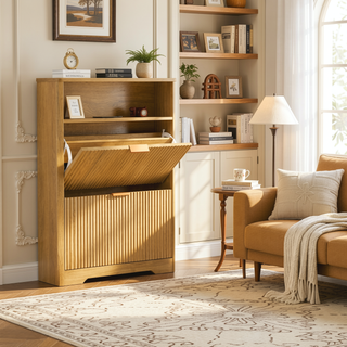 Sunvega Tall Modern Minimalist Shoe Cabinet with Two Flip Drawers and Wave-Patterned Panel