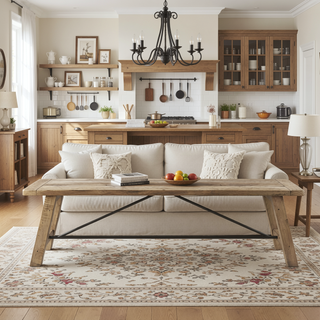 Sunvega Country-Inspired Solid Wood Dining Table with Metal Stretchers Seats 6