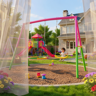 Sunvega Heavy-Duty A-Frame Metal Outdoor Swing Set with Saucer and Belt Swings