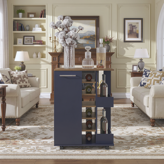 Sunvega Bar Cart with Two External Shelves, Four Locking Casters, and a Single Door Cabinet