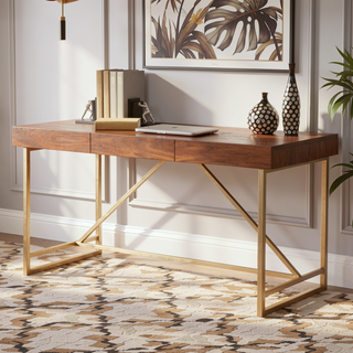 Sunvega Modern Writing Desk with Walnut Brown Top and Unique Gold Metal Legs
