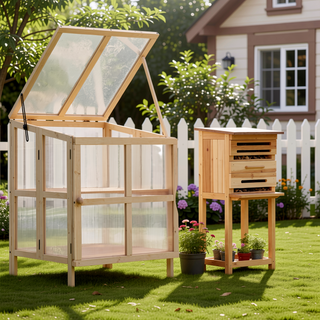Sunvega Foldable Wooden Greenhouse Cold Frame with Openable Top and Shelves