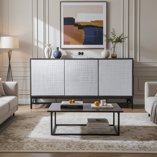 Sunvega Modern Low Profile Storage Cabinet with Six Textured Door Shelves