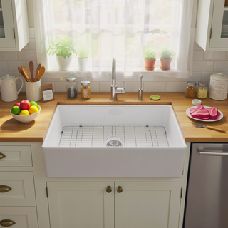 Sunvega 33 Inch White Porcelain Ceramic Farmhouse Kitchen Sink Workstation with Reversible Apron