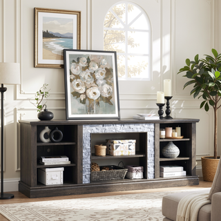 Sunvega 70.12" White Faux Stacked Stone Media Console with Large Storage Cabinet
