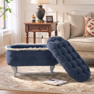 Sunvega Orange Upholstered Button-Tufted Storage Ottoman Bench with Fringe for Bedroom