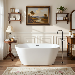 Sunvega 59 Inch Acrylic Freestanding Soaking Tub with Gold Overflow Drain