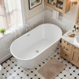 Sunvega 59 Inch Acrylic Freestanding Soaking Tub with Gold Overflow Drain