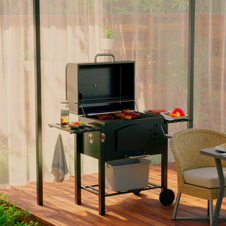 Sunvega Portable Charcoal BBQ Grill with Adjustable Height, Folding Shelves, Wheels & Thermometer
