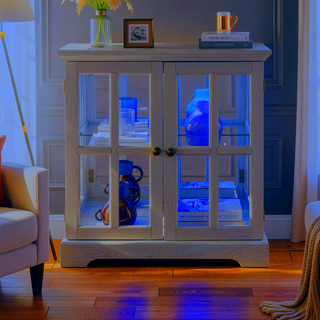 Sunvega Retro LED Curio Display Cabinet with Adjustable Glass Shelves and Magnetic Closure