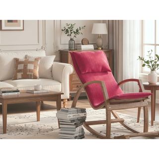 Sunvega Modern Rocking Chair With Wooden Frame And Plush Red Cushion For Living Room