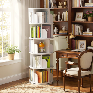Sunvega 360° Rotating Bookshelf with Wheels and Drawer for Space-Saving Storage