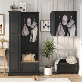 Sunvega Minimalist Hall Tree with Flip-Up Bench and Hanging Hooks for Entryways