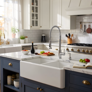Sunvega 33 Inch White Porcelain Ceramic Farmhouse Kitchen Sink Workstation with Reversible Apron