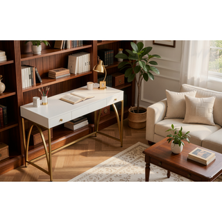 Sunvega White High Gloss Vanity Desk with Gold Finish and 2 Storage Drawers