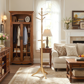 Sunvega Dark Brown Finish 7 Tiers 11 Hooks Solid Wood Coat Rack Stand