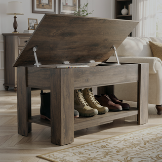 Sunvega Lift Top Storage Table with Lower Shelf and Metal Hinges in Dark Brown