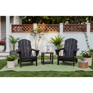 Sunvega Folding Adirondack Chair Set with Wood Texture and Side Table in Navy Blue