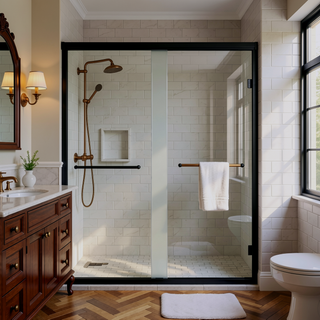Sunvega Tempered Glass Sliding Shower Door with Aluminum Frame and Stainless Steel Handle