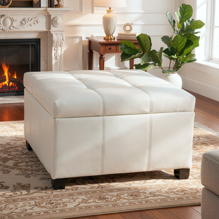 Sunvega Richmond KD Fabric Storage Ottoman with Birch Legs 30x30 Inches