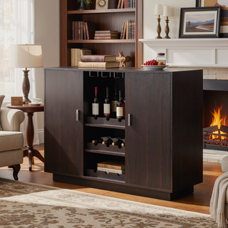 Sunvega Espresso 2-Door Wine Cabinet with Stemware Rack and Wine Bottle Storage