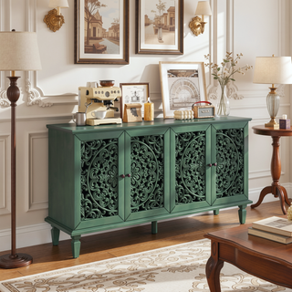 Sunvega Antique Green Buffet Cabinet with Floral Carvings and Solid Wood Legs for Living Room