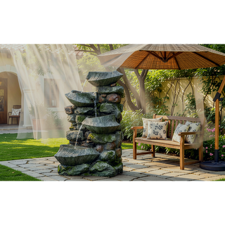 Sunvega 4-Tier Polyresin Cascading Rock Bowl Fountain with LED Light for Indoor Outdoor
