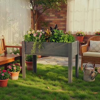 Sunvega Natural Solid Wood Raised Garden Bed with Legs for Outdoor Plants Flowers Fruits Vegetable Herb Growing