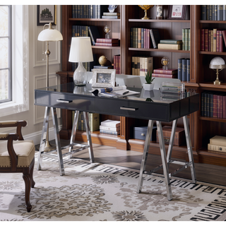 Sunvega Black High Gloss Writing Desk with USB Port and Two Storage Drawers