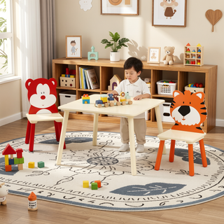 Sunvega Kids Table and 2 Chairs Set Wooden Activity Play Table with Bear and Tiger Design