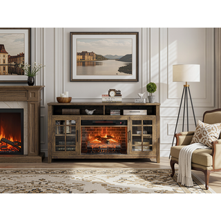 Sunvega Reclaimed Barnwood 55 inch TV Media Stand with Electric Fireplace Heater