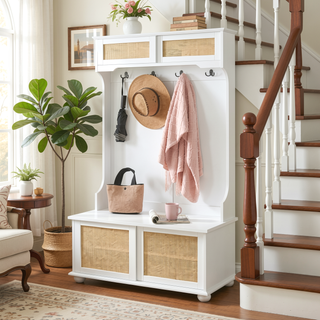 Sunvega Hall Tree Storage Bench with Rattan Door and Shoe Rack for Entryway