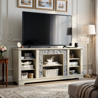 Sunvega Modern Faux Stacked Stone Mantel TV Media Stand with Open Storage