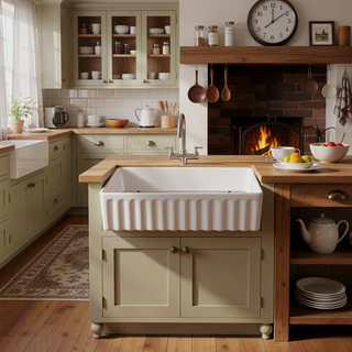 Sunvega 33 Inch White Porcelain Ceramic Farmhouse Kitchen Sink Workstation with Reversible Apron