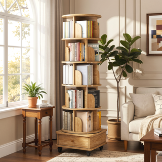 Sunvega 360° Rotating Bookshelf with Wheels and Drawer for Space-Saving Storage