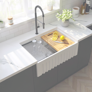 Sunvega 30 Inch White Fireclay Farmhouse Kitchen Sink with Reversible Workstation Design
