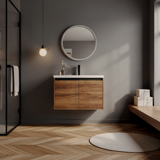 Sunvega 30 Inch Brown Bathroom Vanity with Resin Countertop Sink and 2 Doors
