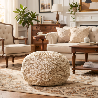 Sunvega Knitted Cotton Round Pouf for Cozy Seating and Footrest in Living Room