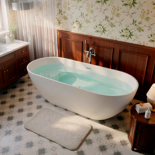 Sunvega 59 Inch Freestanding Solid Surface Soaking Bathtub with Overflow Drain for Contemporary Bathroom