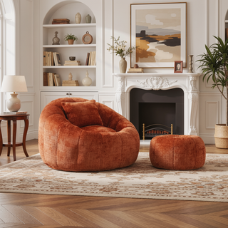 Sunvega Modern Pumpkin Shape Bean Bag Chair with Ottoman for Living Room