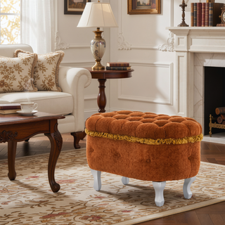 Sunvega Orange Upholstered Button-Tufted Storage Ottoman Bench with Fringe for Bedroom