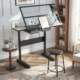 Sunvega Adjustable Height Drafting Table with Tiltable Tempered Glass Top and Stool