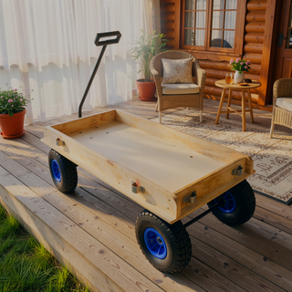 Sunvega Fresh Blue Solid Wood All-Terrain Toy and Garden Tool Cart Trolley