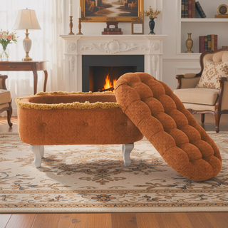 Sunvega Orange Upholstered Button-Tufted Storage Ottoman Bench with Fringe for Bedroom