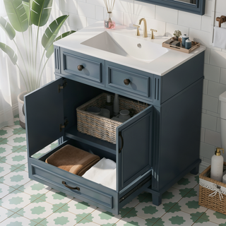 Sunvega Retro Blue Solid Wood Frame Bathroom Vanity with Ceramic Sink