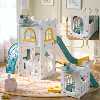 Sunvega 5-in-1 Indoor Toddler Slide Playset with Basketball Hoop and Climber