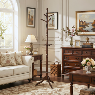Sunvega Dark Brown Finish 7 Tiers 11 Hooks Solid Wood Coat Rack Stand